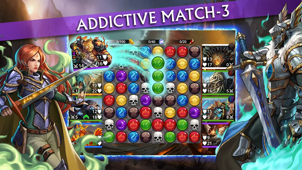 Взломанная Gems of War - Match 3 RPG [MOD: безлимитные ходы и открыты все герои] на Андроид — скриншот 1
