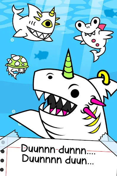 Взломанная Shark Evolution: Idle Game [MOD: безлимитные монеты и быстрая эволюция] на Андроид — скриншот 1