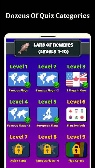 Взломанная World Flags Quiz Game [MOD: открыты все флаги и уровни] на Андроид — скриншот 5
