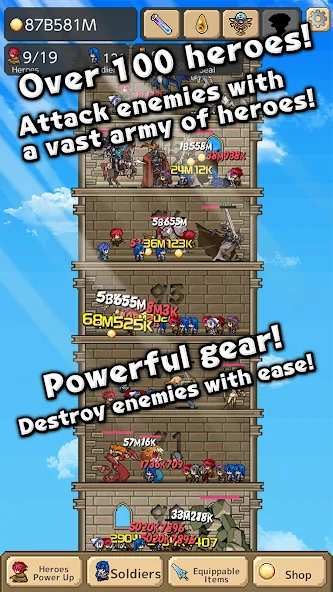 Взломанная Tower of Hero [MOD: безлимитные ресурсы и усиленные герои] на Андроид — скриншот 2