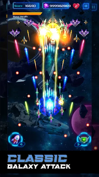Скачать Galaxy Attack: Space Shooter [MOD: безлимитные деньги и усиленное оружие] на телефон — скриншот 1