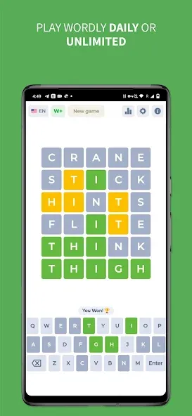 Взломанная Wordly - Daily Word Game [MOD: безлимитные попытки и подсказки] на Андроид — скриншот 1