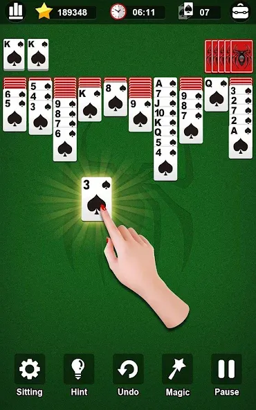Скачать взлом Spider Solitaire [MOD: безлимитные подсказки и отмены ходов] — скриншот 1