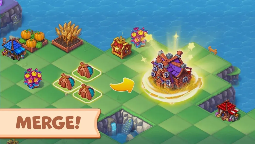 Скачать Mergest Kingdom: Merge game [MOD: безлимитные ресурсы и ускоренное строительство] — скриншот 1