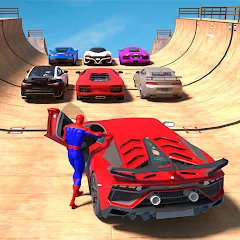 Скачать Superhero Car: Mega Ramp Games [MOD: безлимитные деньги и все машины открыты] на телефон