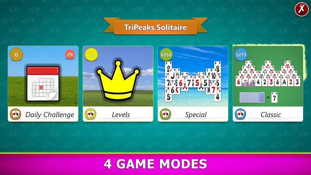 TriPeaks Solitaire Mobile [MOD: безлимитные подсказки и отмены хода] на Андроид — скриншот 2