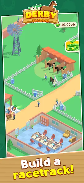 Взломанная Idle Derby Tycoon [MOD: безлимитные деньги и ускоренное развитие] на Андроид — скриншот 1