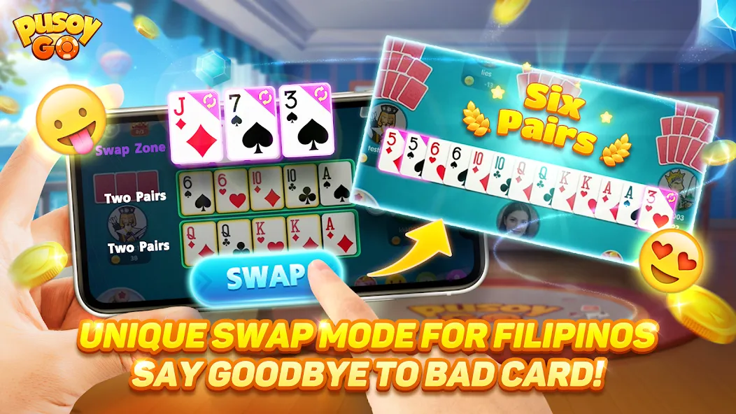 Взломанная Pusoy Go-Competitive 13 Cards [MOD: безлимитные монеты и алмазы] на Андроид — скриншот 4