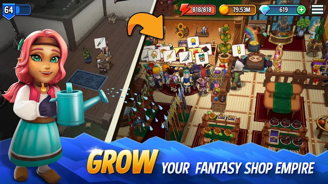 Скачать взлом Shop Titans: RPG Idle Tycoon [MOD: безлимитные деньги и ресурсы] — скриншот 1