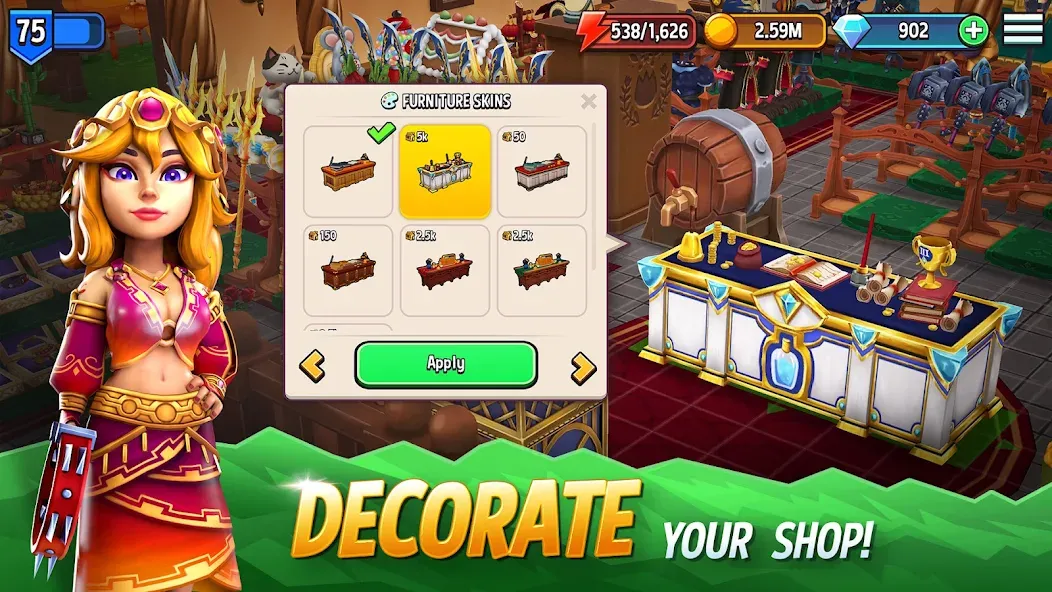 Скачать взлом Shop Titans: RPG Idle Tycoon [MOD: безлимитные деньги и ресурсы] — скриншот 3