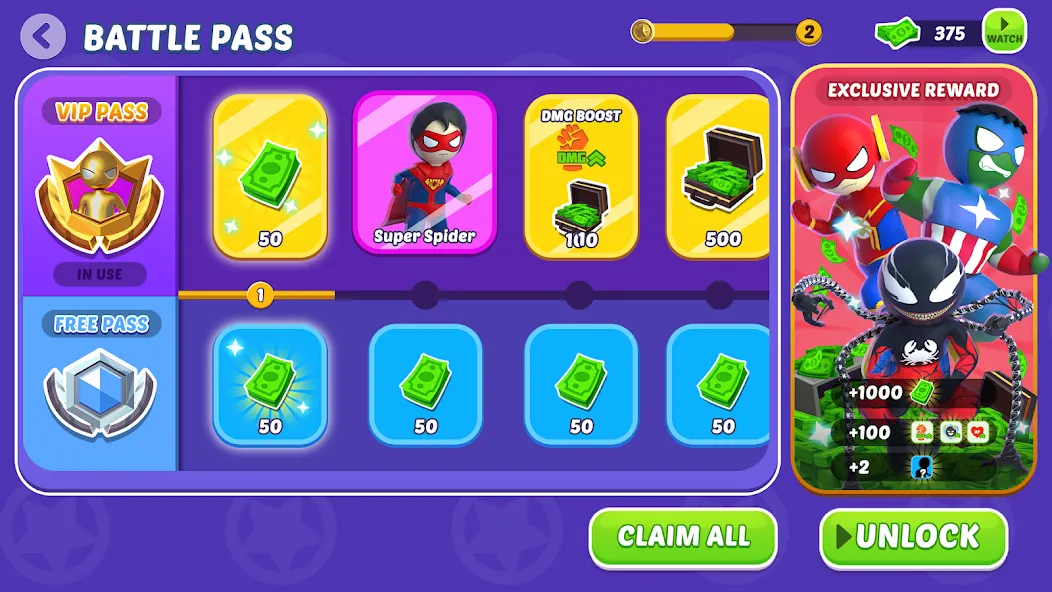 Stick Hero: Comic Superhero [MOD: безлимитные монеты и все герои] — Скачать бесплатно (APK) — скриншот 4