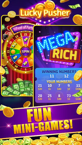 Взломанная Lucky Cash Pusher Coin Games [MOD: безлимитные монеты и бонусы] на Андроид — скриншот 4