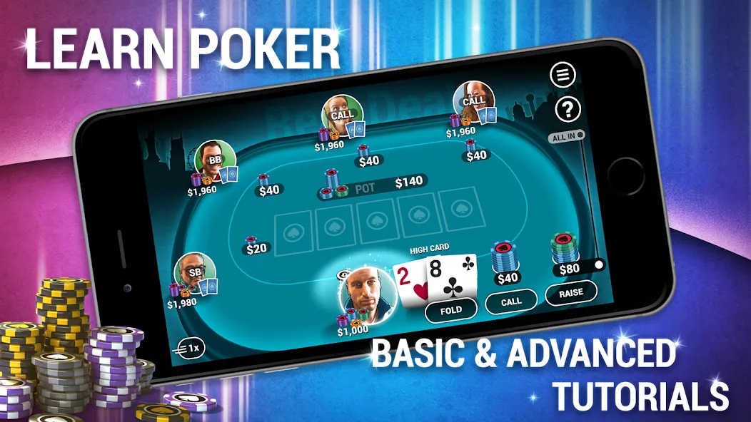Взломанная Learn How To Play Texas Poker [MOD: бесконечные фишки и подсказки] на Андроид — скриншот 1