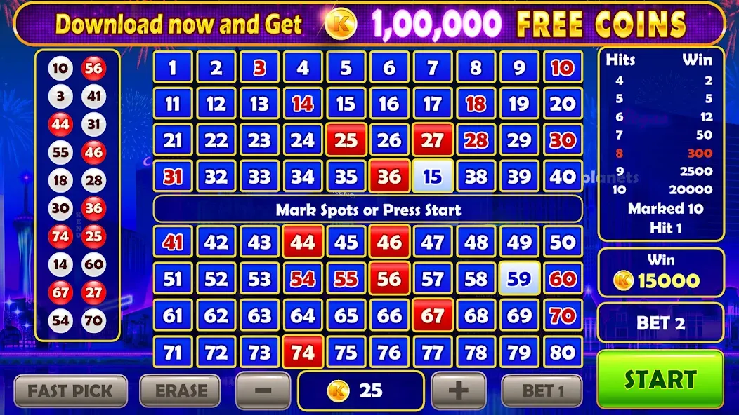 Взломанная Keno Prime - Super 3X Payout [MOD: утроенные выплаты и безлимитные монеты] на Андроид — скриншот 1