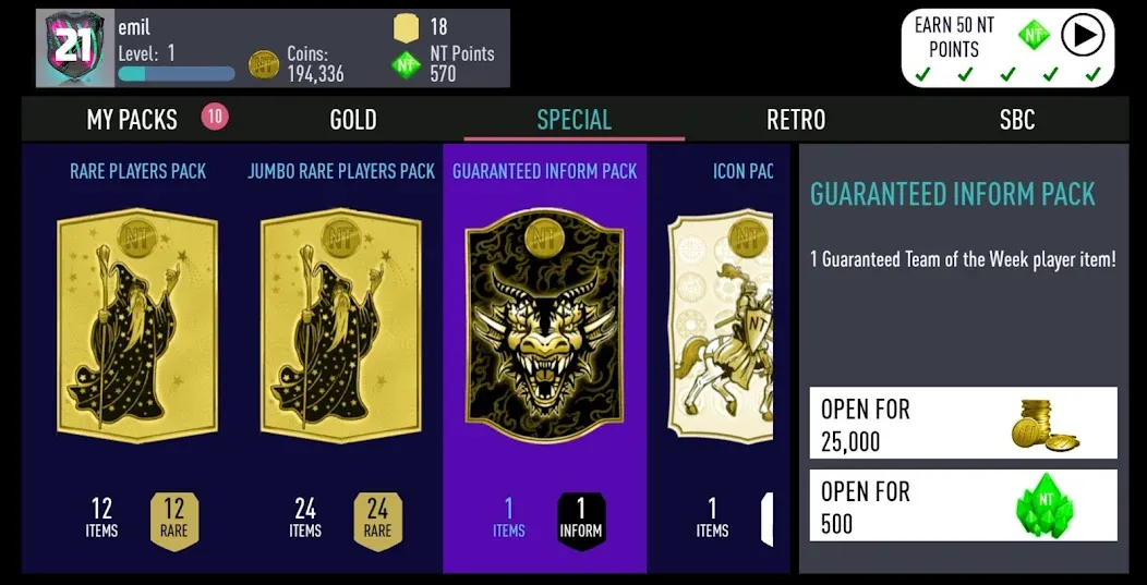 NT 21 Draft + Pack Opener [MOD: безлимитные деньги и паки открыты] на Андроид — скриншот 1