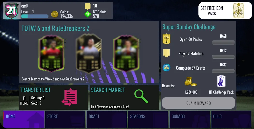 NT 21 Draft + Pack Opener [MOD: безлимитные деньги и паки открыты] на Андроид — скриншот 4