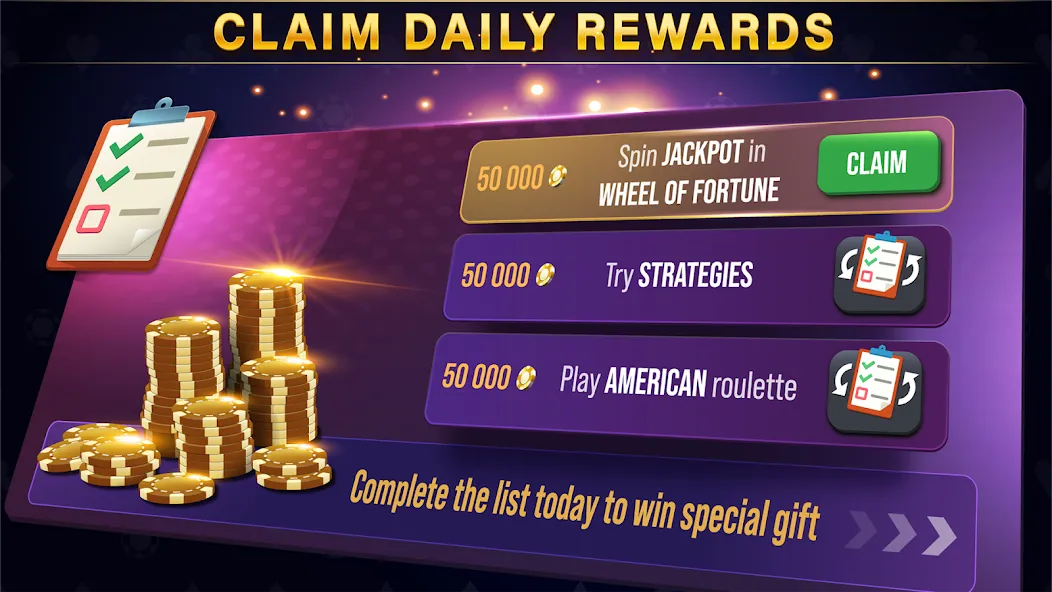 Скачать взлом Roulette All Star: Casino Game [MOD: безлимитные фишки и открыты все столы] — скриншот 4