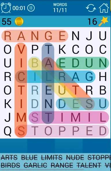 Взломанная Word Search [MOD: безлимитные подсказки и открыты все уровни] на Андроид — скриншот 1